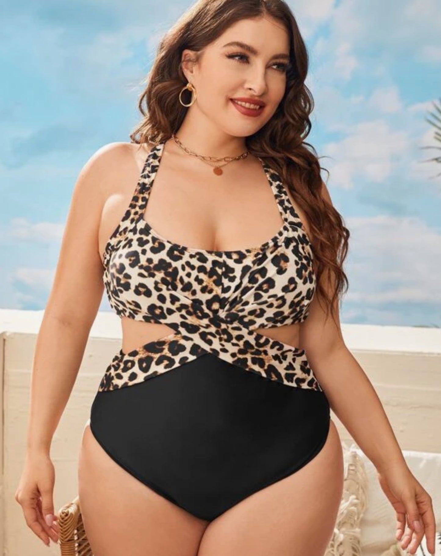 One Piece Halter neck Swimwear leopard print Bathing Suit