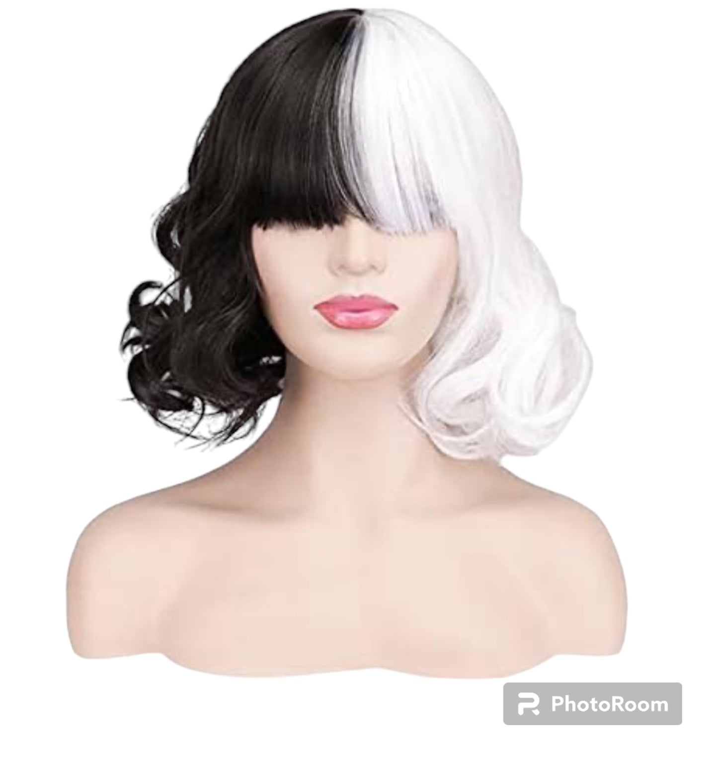 Half Black Half White Wig Cosplay Party Wig for Carnival with face masks