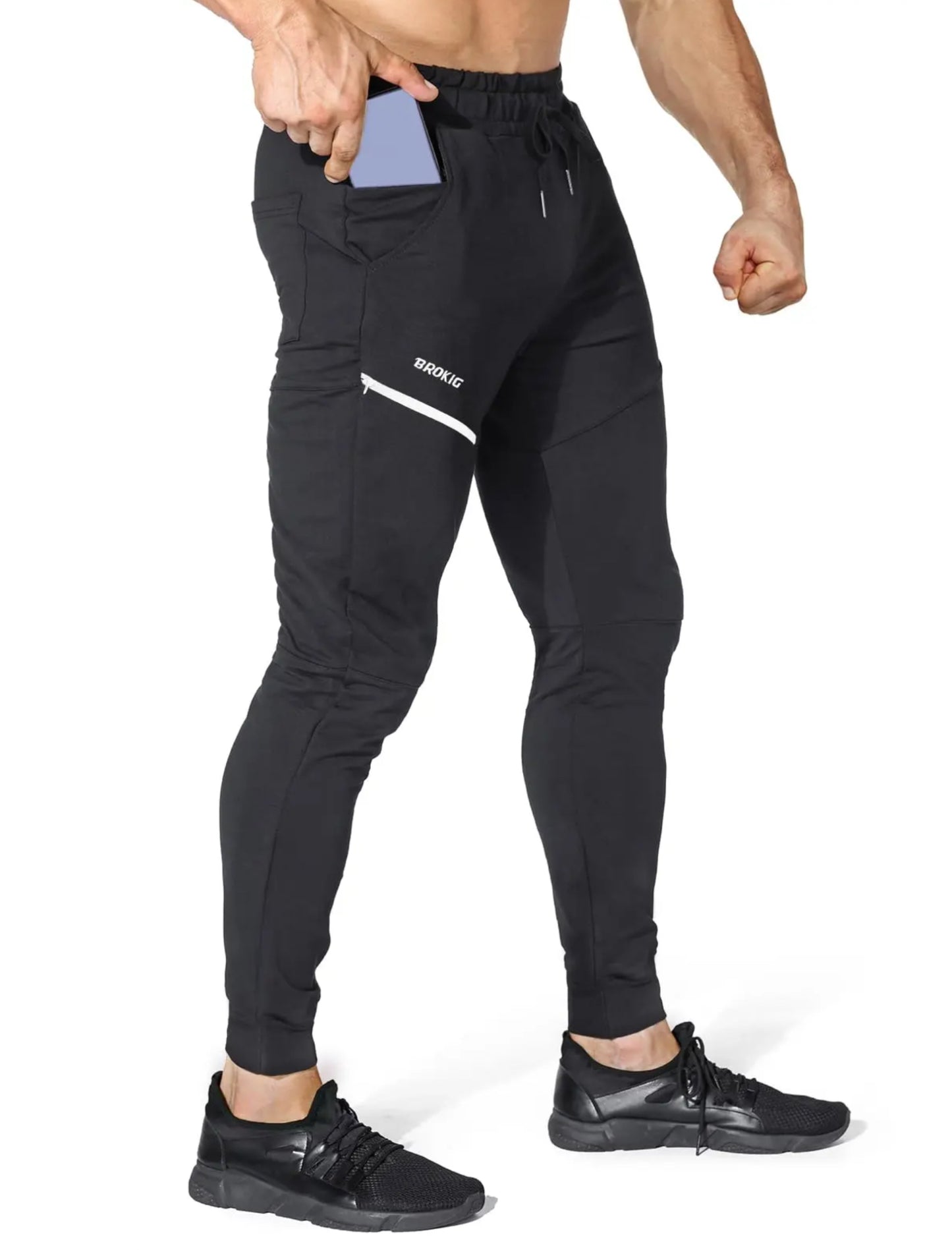 BROKIG Mens Sidelock Gym Joggers Trousers, Tapered Sports Running Training Bottoms