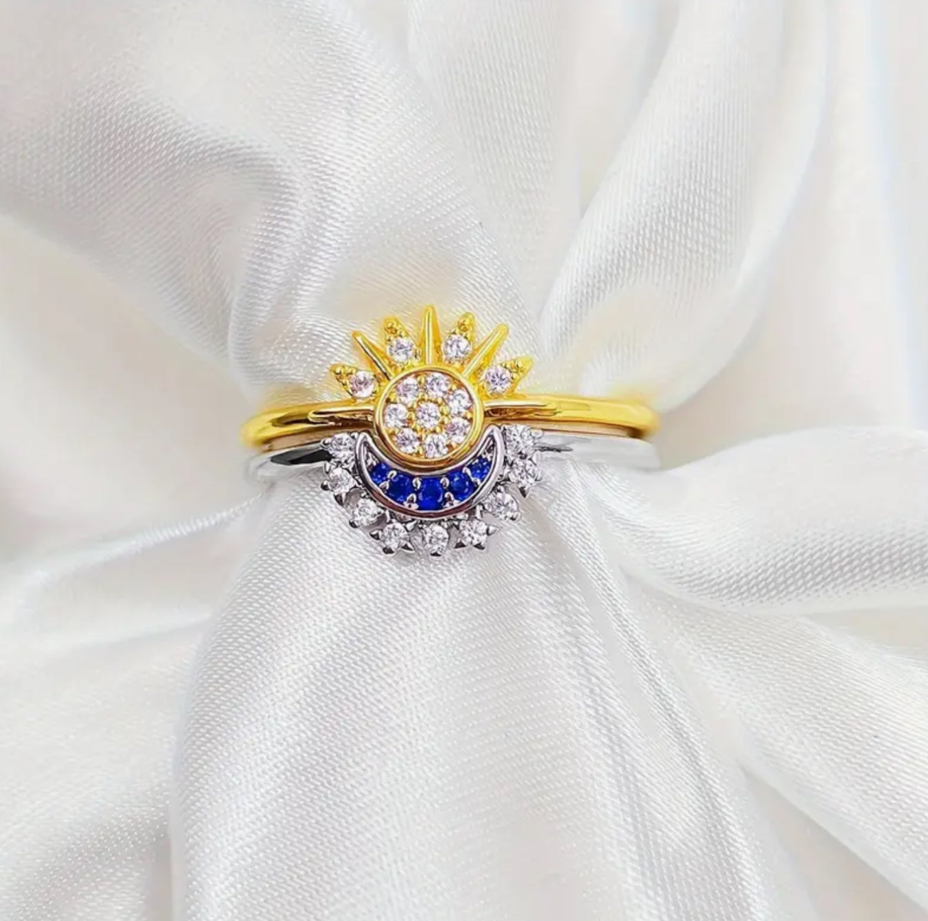 2pcs Inlaid Cubic Zirconia Star Moon Rings, Couple Friendship Ring