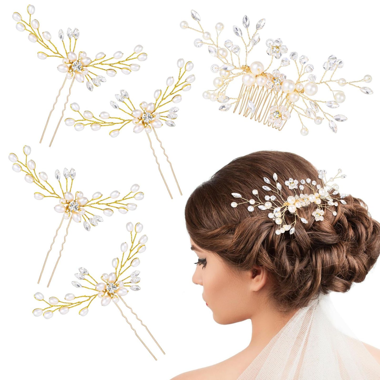 5 piece wedding hair comb and pin set gold, faux pearl and crystal