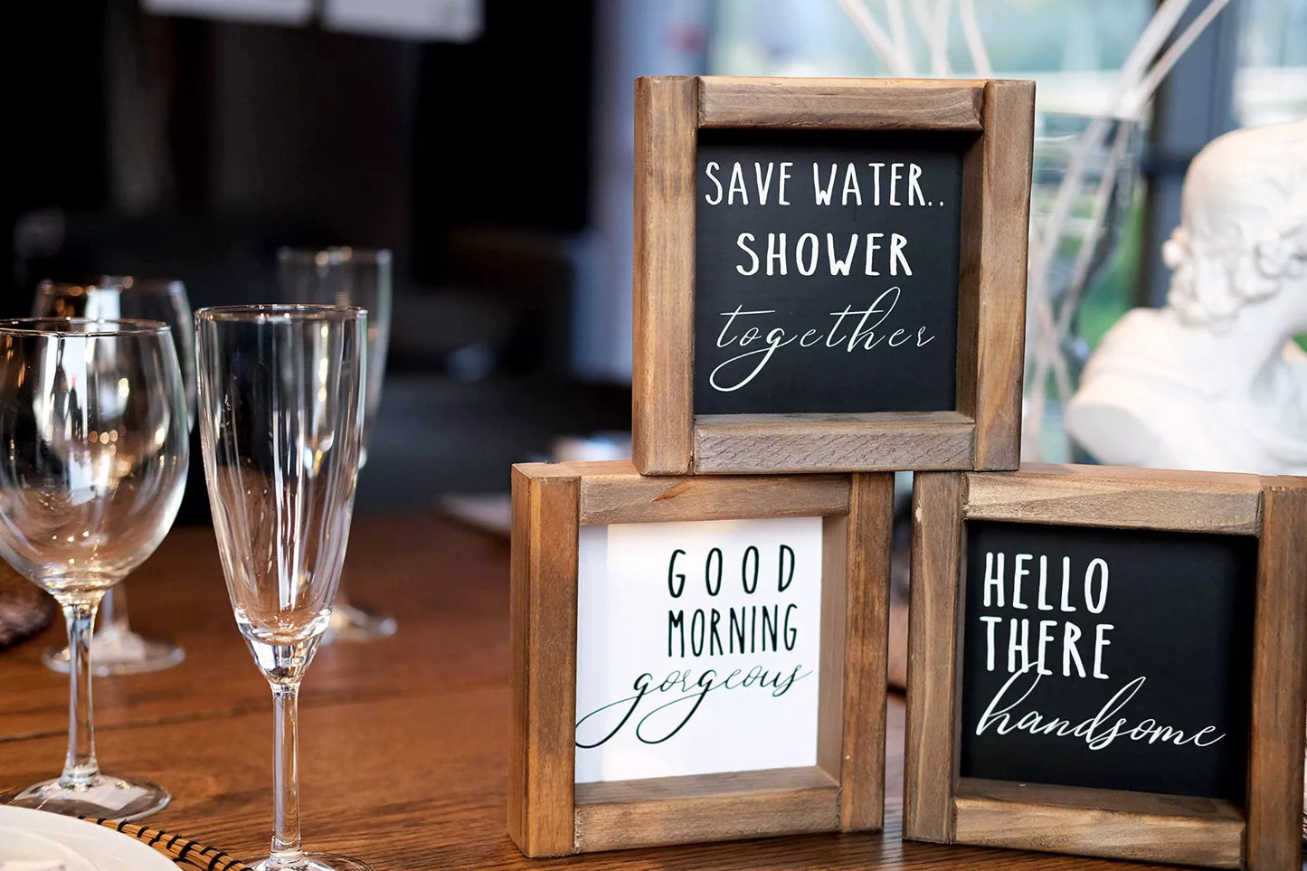 3 Pack Fun Bathroom signs with wooden frames 6*6