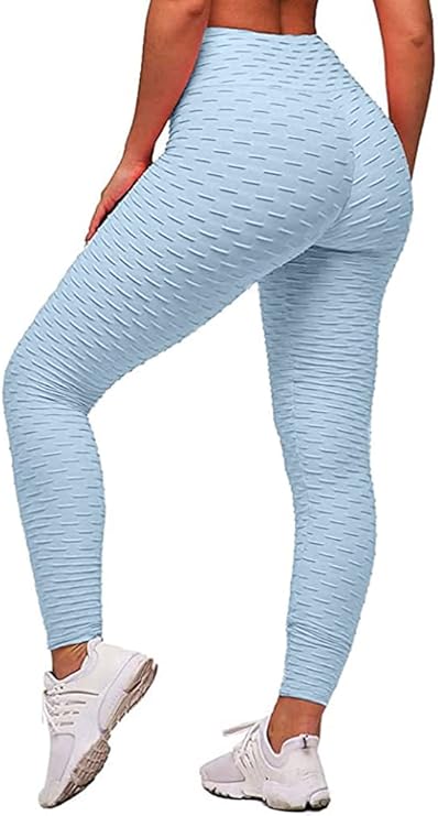 Ladies High Waisted Light Blue Honeycomb Workout Leggings with Butt Lift