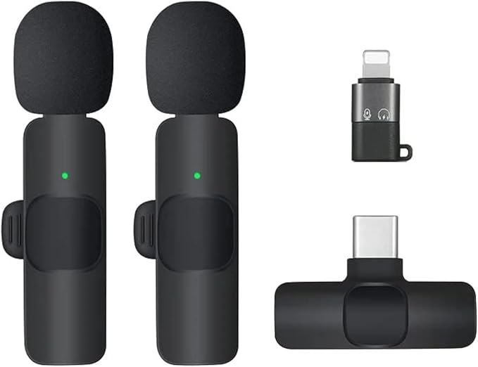 Wireless Lavaller Microphone 2 in 1 Portable Mini Clip-On Microphone Wireless Compatible with Android Samsung type- C Dual and Apple Lightning 8 Pin