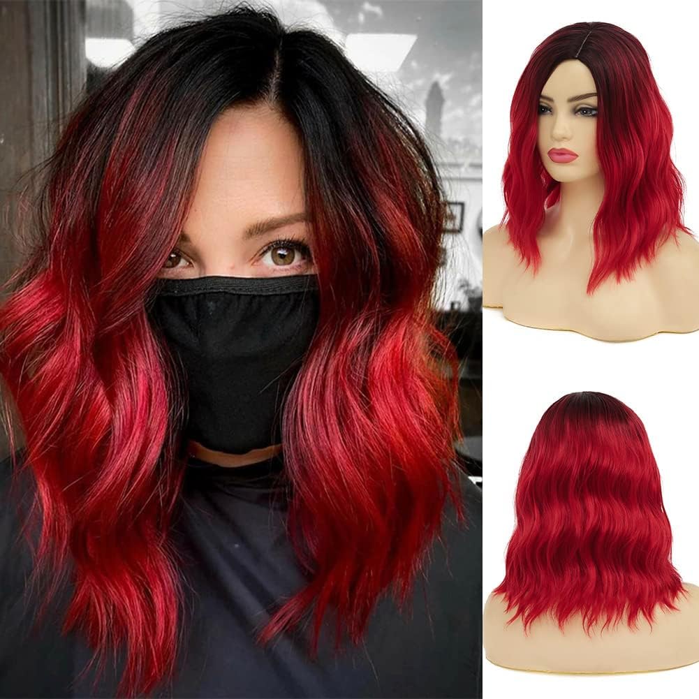 Baruisi Red Ombre Short Curly Wavy Bob Wig