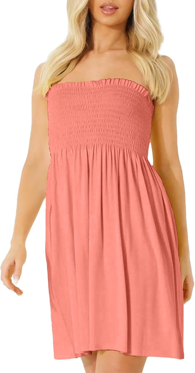 Women's Strapless Sheering Boob Tube Bandeau Plain Mini Dress - Coral/Rust