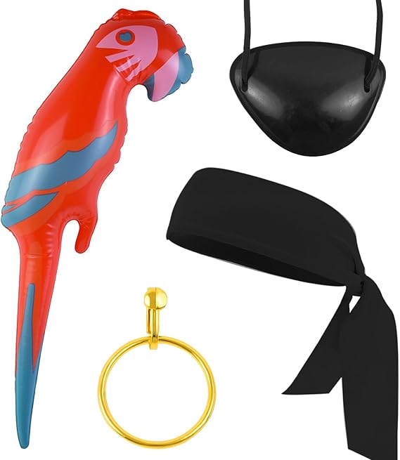 Pirate Costume Set with Inflatable Parrot, Black Bandana Head Scarf, Eye Patch & Plastic Hoop Earring for Halloween