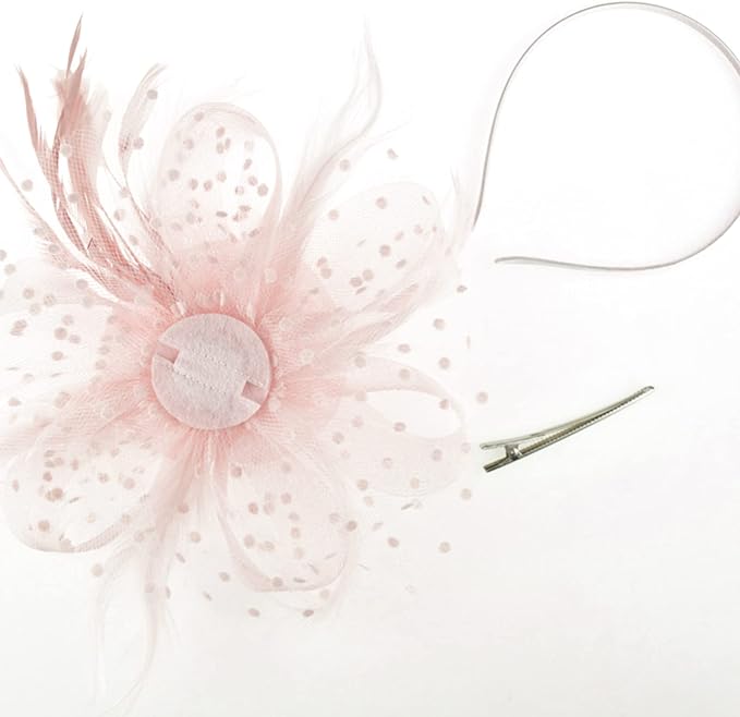 Ladies Fascinator Hat with Flower, Mesh and Feathers on a Headband and a Forked Clip