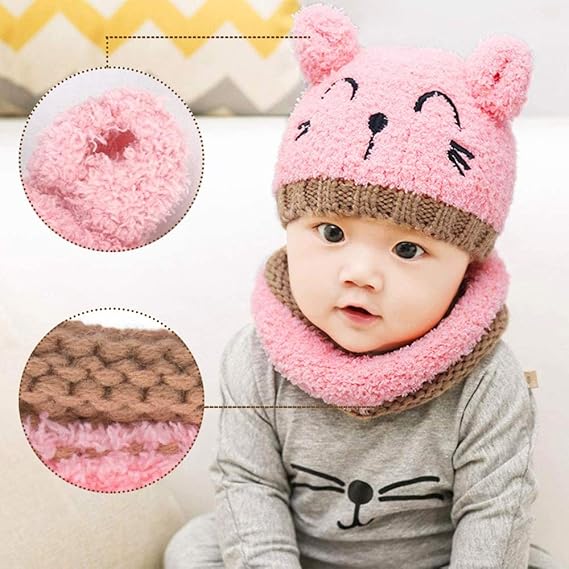 Knitted Baby Hat Scarf Glove Sets for Toddlers, Winter Beanie hat, Fluffy Neck Warmer Hats and Gloves 1-4 Years