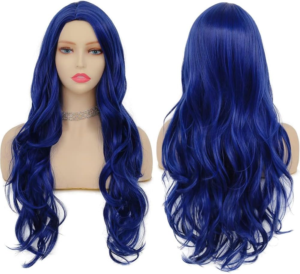 PORSMEER Long Blue Wavy Synthetic Hair 27 inch Long wig with Middle Part