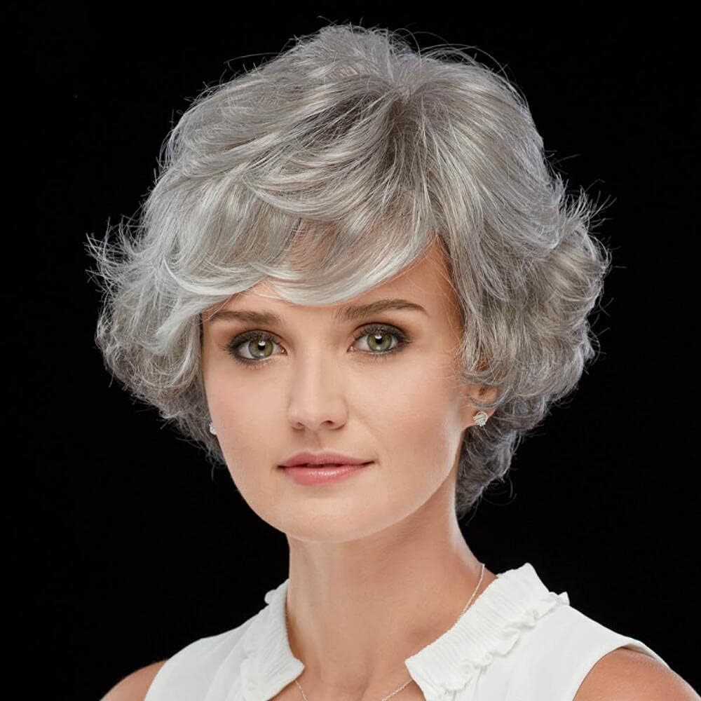 Baruisi Short Curly Fluffy Grey Layered Wig