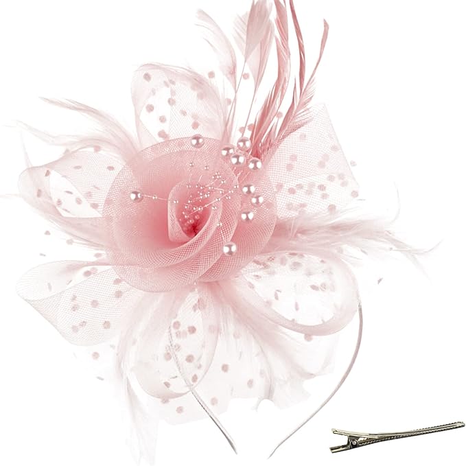 Ladies Fascinator Hat with Flower, Mesh and Feathers on a Headband and a Forked Clip