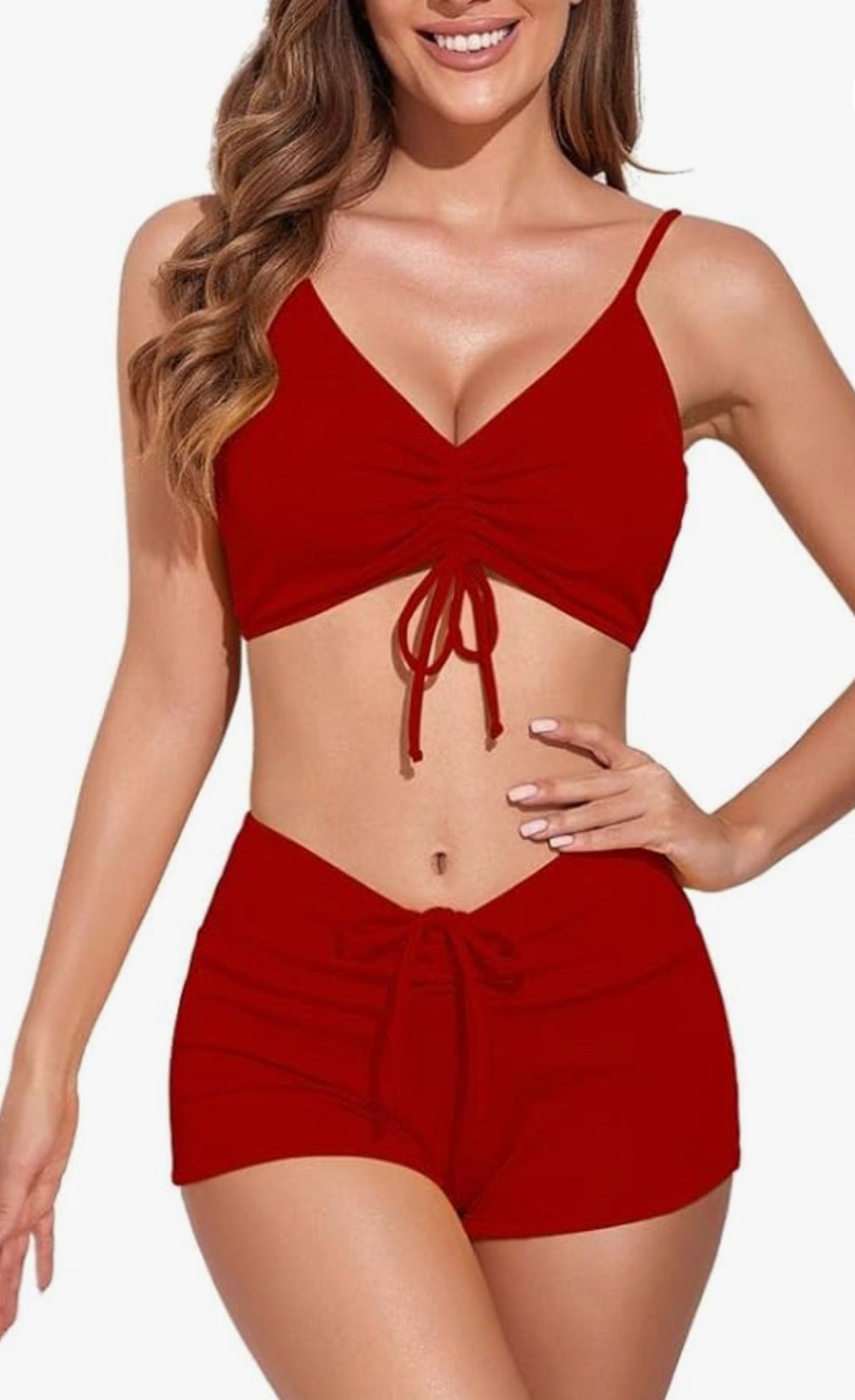 Meioro solid swimsuit tie front shorts bikini