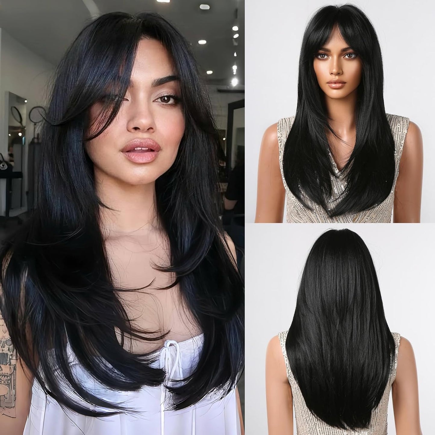 Testar Black Long Straight Layered wig with Curtain Bangs