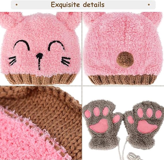 Knitted Baby Hat Scarf Glove Sets for Toddlers, Winter Beanie hat, Fluffy Neck Warmer Hats and Gloves 1-4 Years