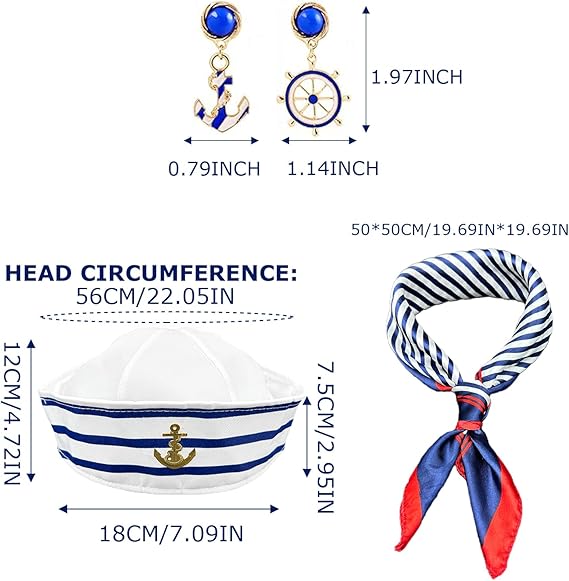 Ladies 3 piece Nautical hat, scarf and earrings set fancy dress