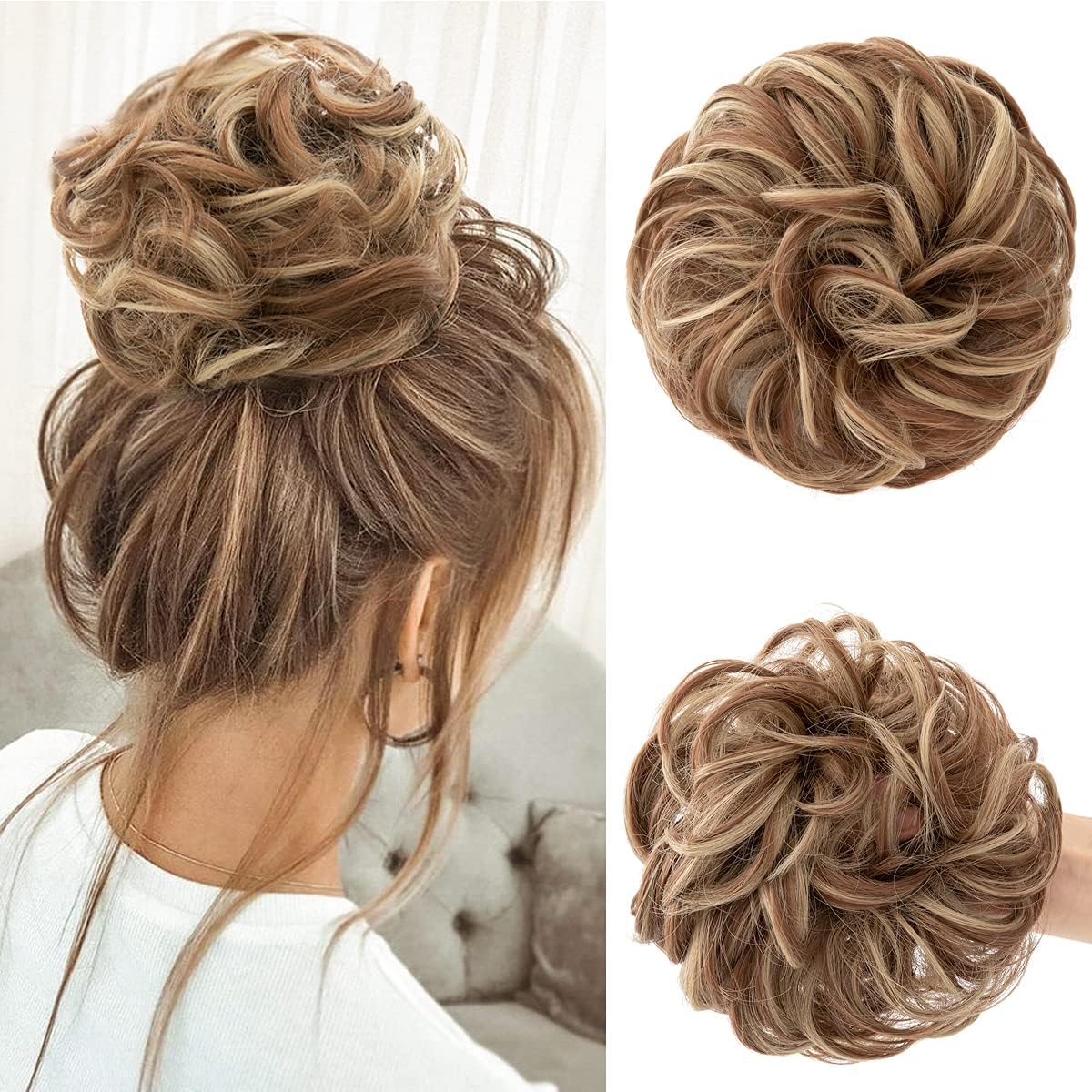 SARLA Messy Hair Bun Synthetic Extension Scrunchies Hairpieces Medium Auburn/Ash Blonde
