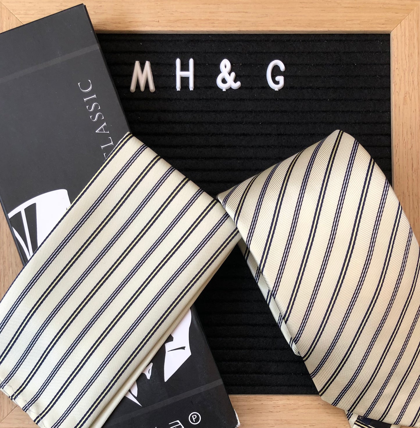 Briyard Men's Tie and Pocket Square - Cream and Blue Stripe