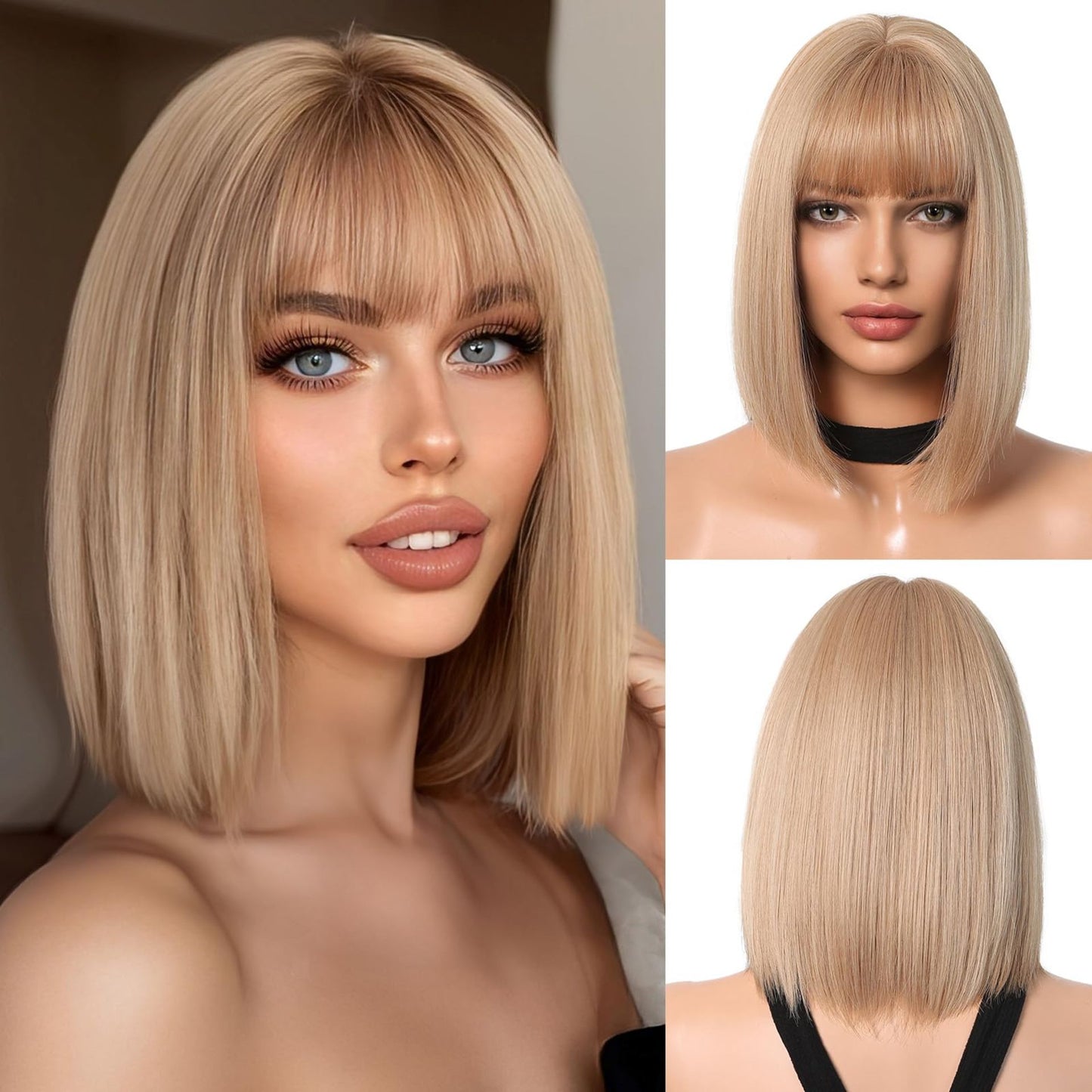OUFEI Dark Blonde Bob Wig With Bangs Short Straight