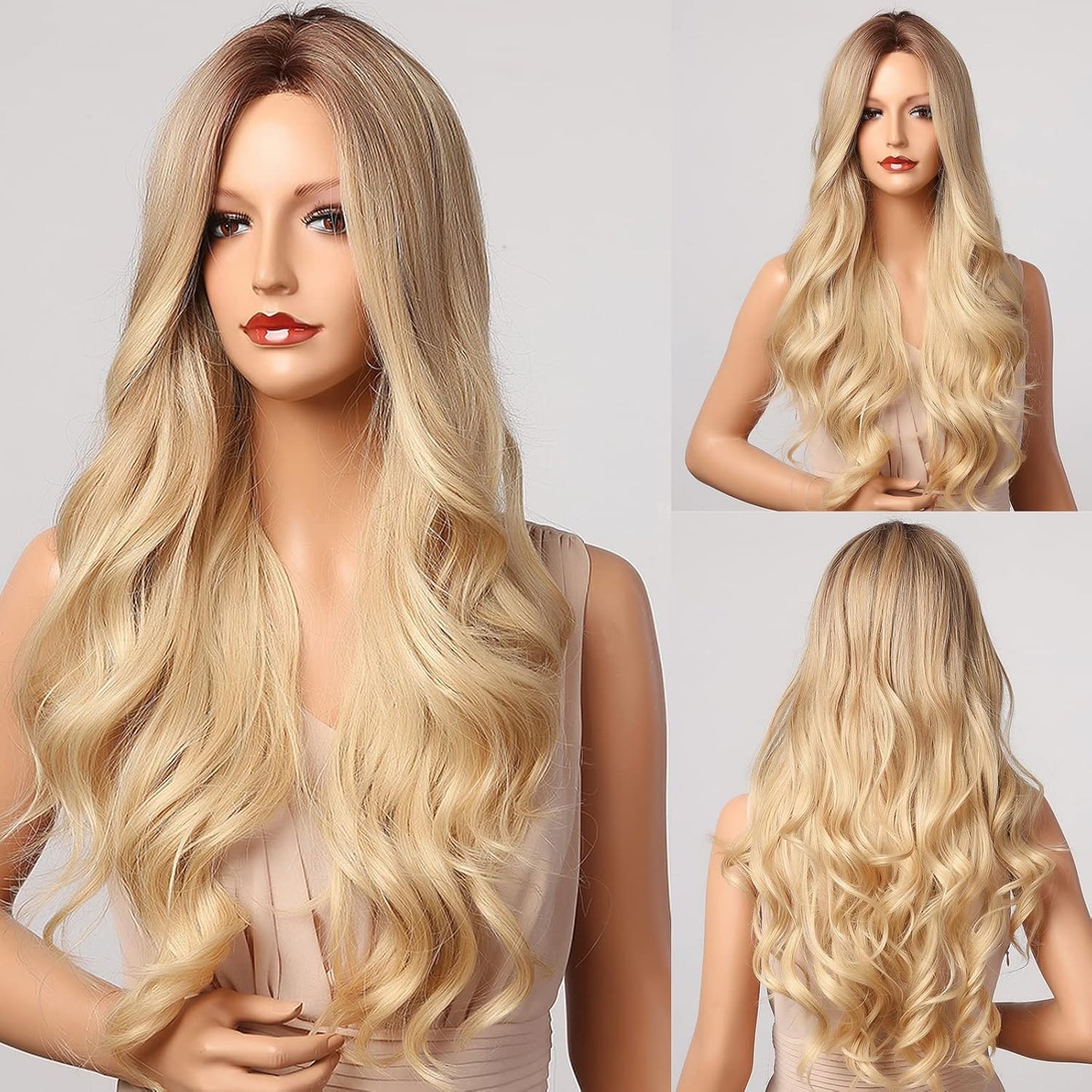 Honygebia Blonde Middle Part Long Wavy Ombre Wig with Dark Roots