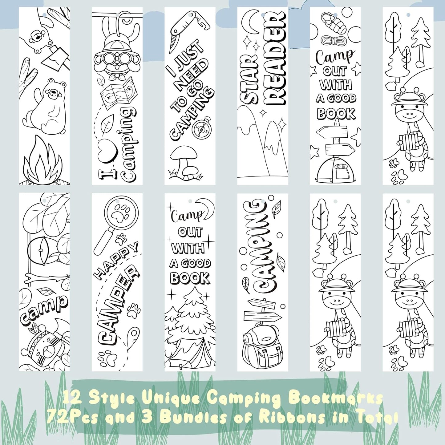 75 Piece Colour Your Own Bookmarks Kids DIY Camping Theme