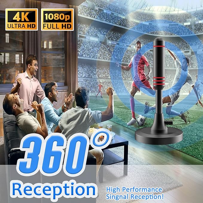 DVB-T/DVB-T2 Antenna with Amplifier - HDTV Indoor Antenna for Televisions, Long Range and 360° Reception, with Magnetic Base - 5 Metre Cable