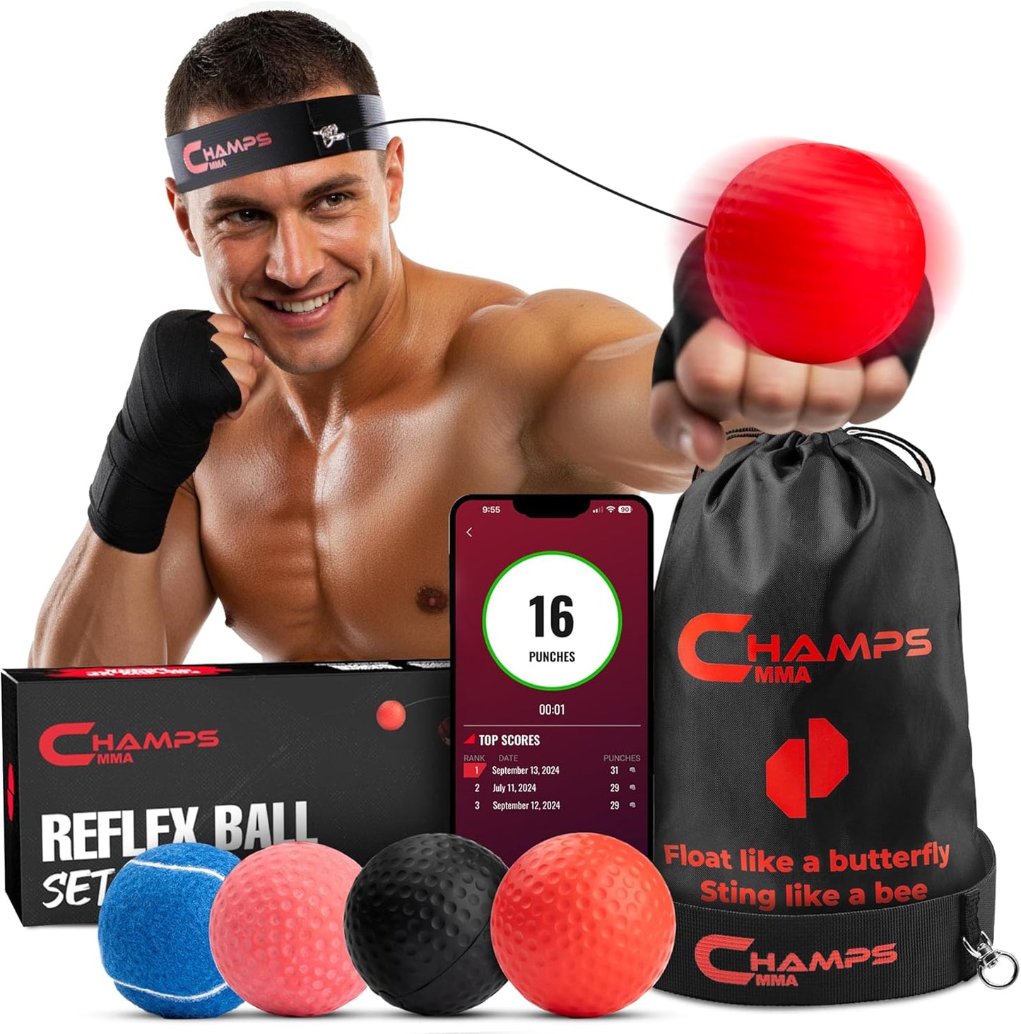 Boxing Reflex Ball Set of 4 with App and Varying Weights with Headband and 4 Spare Strings