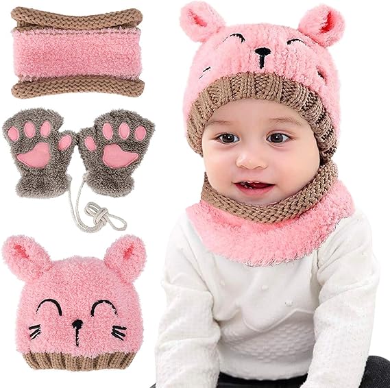 Knitted Baby Hat Scarf Glove Sets for Toddlers, Winter Beanie hat, Fluffy Neck Warmer Hats and Gloves 1-4 Years
