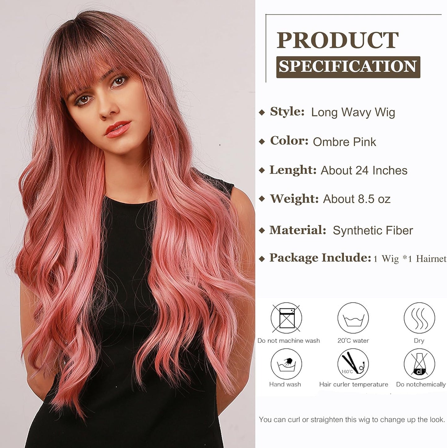 Esmee Women's Long Wavy Ombre Pink with Dark Roots &Fluffy Air Bangs Wig - 26"