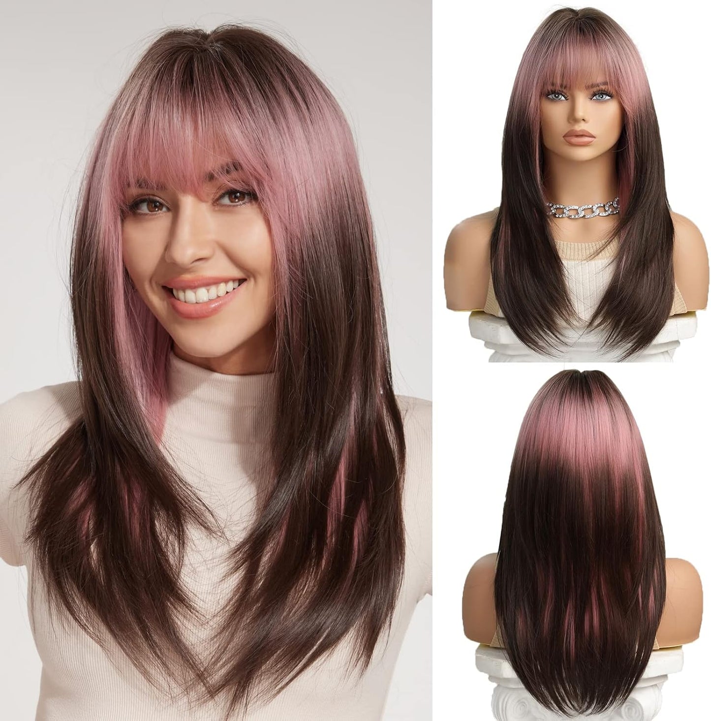 OUFEI Pink Brown Long Straight Ombre Wig with Bangs