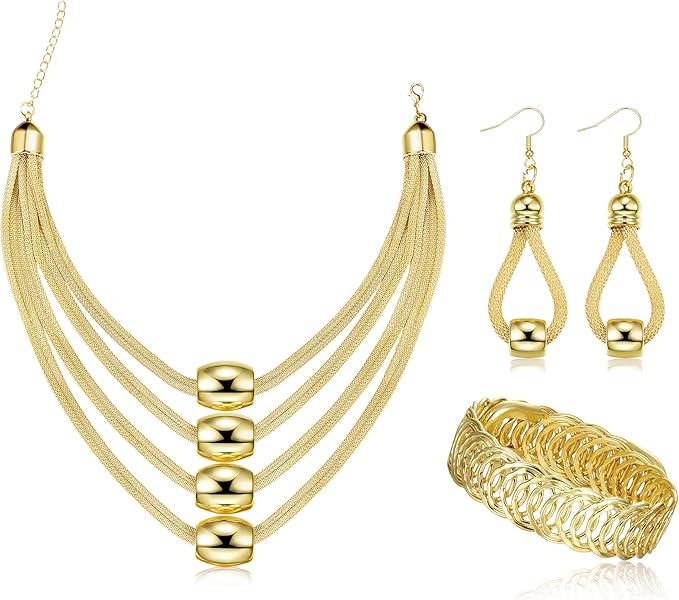 3Pcs Bib Choker Necklace for Women Gold Silver Large Dangele Earring Cuff Bracelet Chunky Multi Layered Necklace Stretch Bead Statement Necklace Jewellery Set for Women