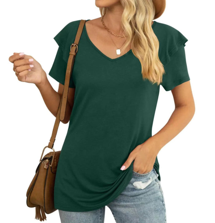 Casual V Neck Double Layered Ruffle Short Sleeve Top