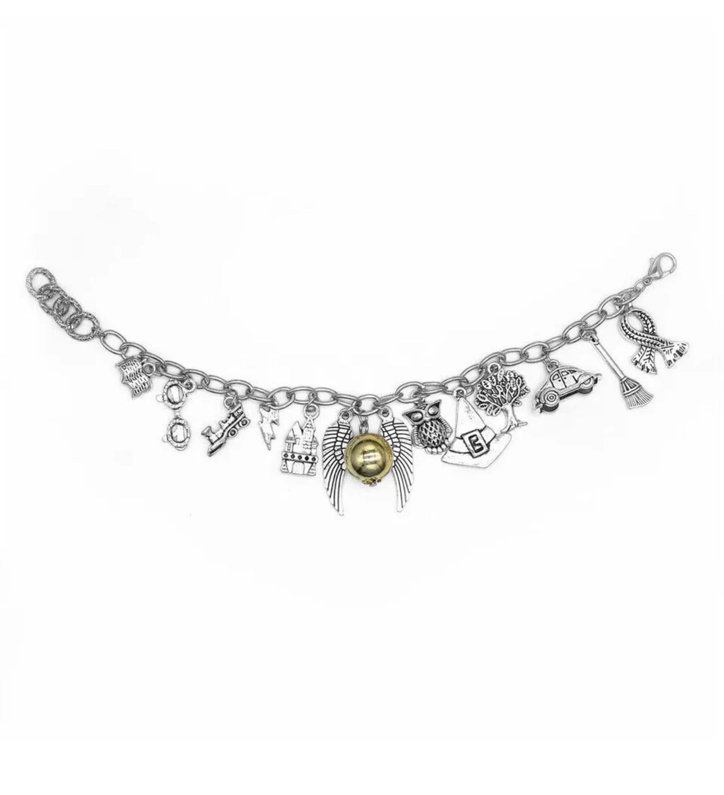 Harry Potter inspired Golden Snitch & Magic charms Silver Bracelet & Wizard Potter Golden Snitch Inspired Silver Necklace Gift set