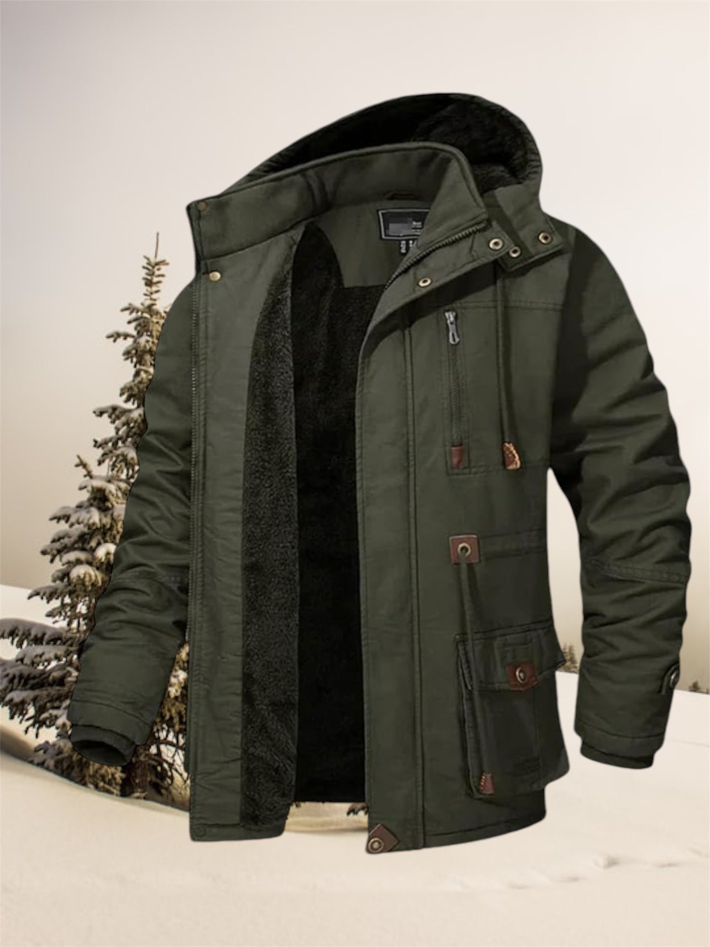 Men's Hooded Parka Jacket Winter Thick Fleece Warm Travel Working Coats With Multi-Pockets