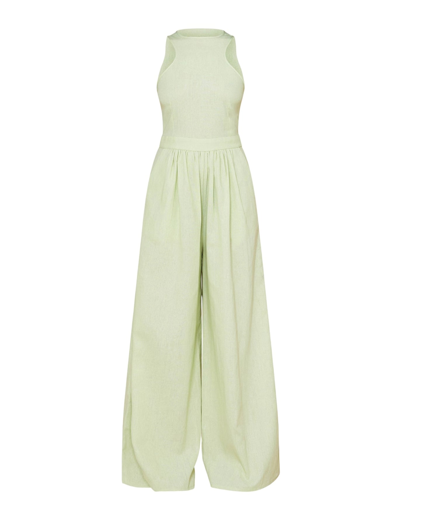 Prettylittlething Petite Sage Green Racer Neck Linen Look Wide Leg Jumpsuit