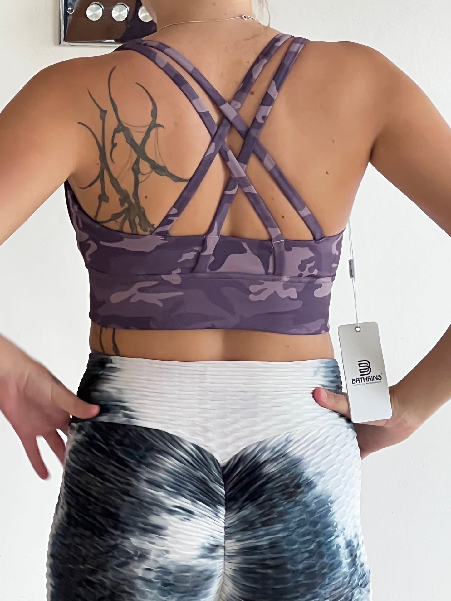 Camo Sports Bra Strappy Cross Back Yoga Gym Running Padded