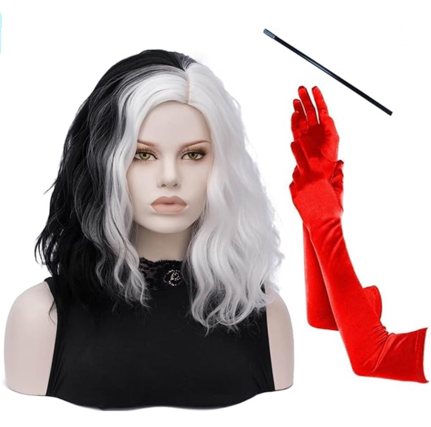 FVCENT Short Black and White Wig Wavy Half Black and Half White Heat Resistant Women Wig… (Black and White With accessories)