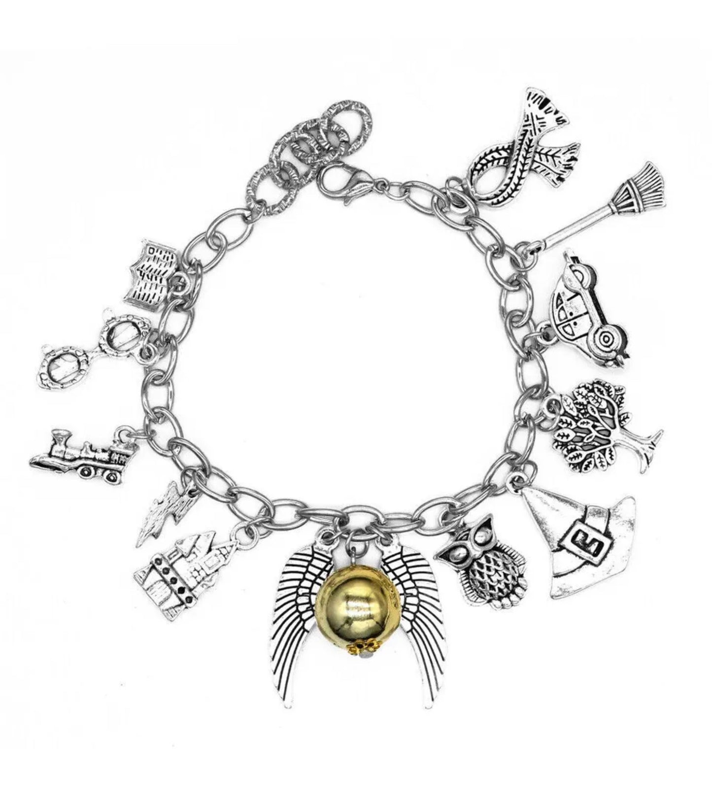 Harry Potter inspired Golden Snitch & Magic charms Silver Bracelet & Wizard Potter Golden Snitch Inspired Silver Necklace Gift set