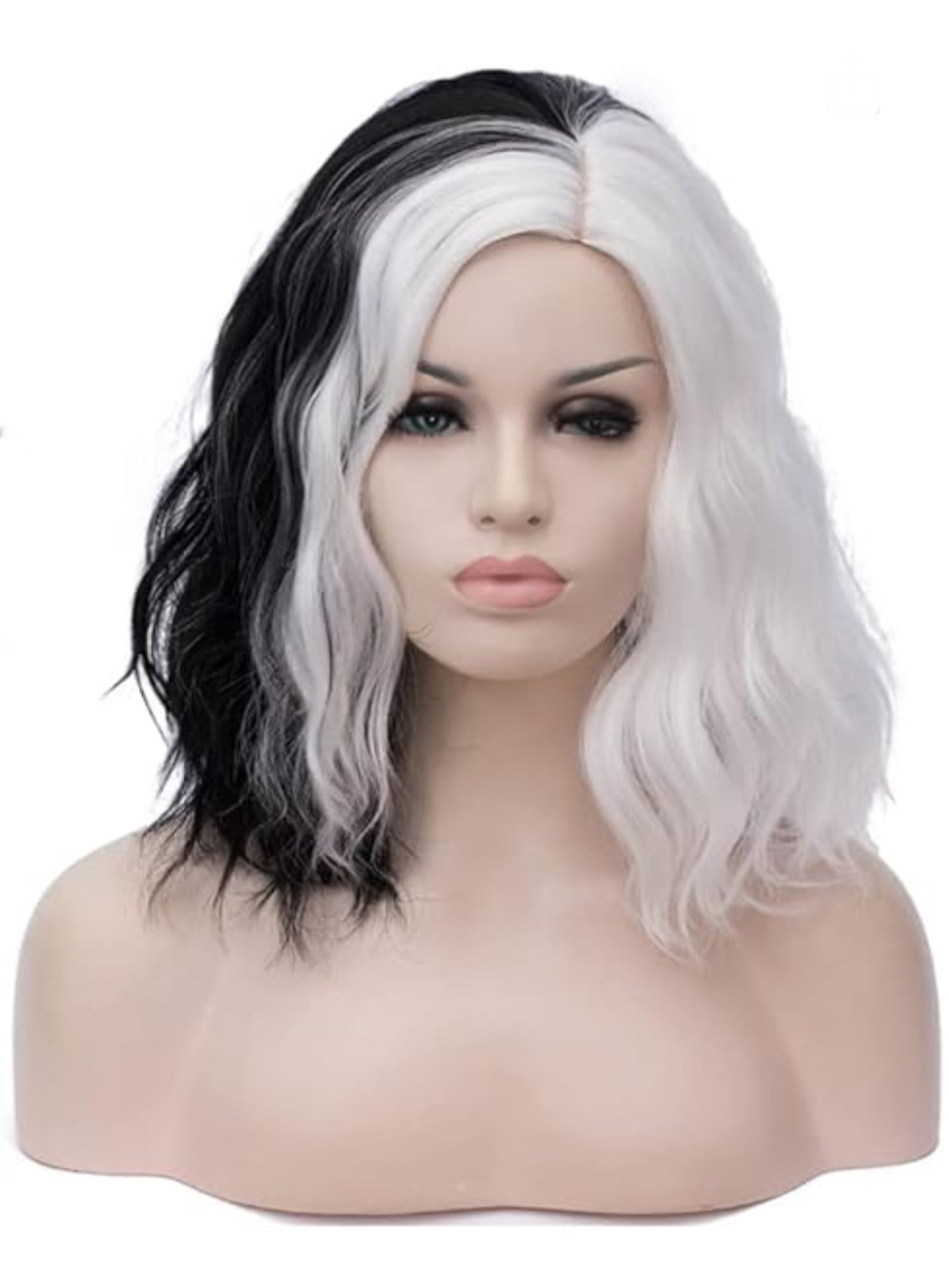 FVCENT Short Black and White Wig Wavy Half Black and Half White Heat Resistant Women Wig… (Black and White With accessories)