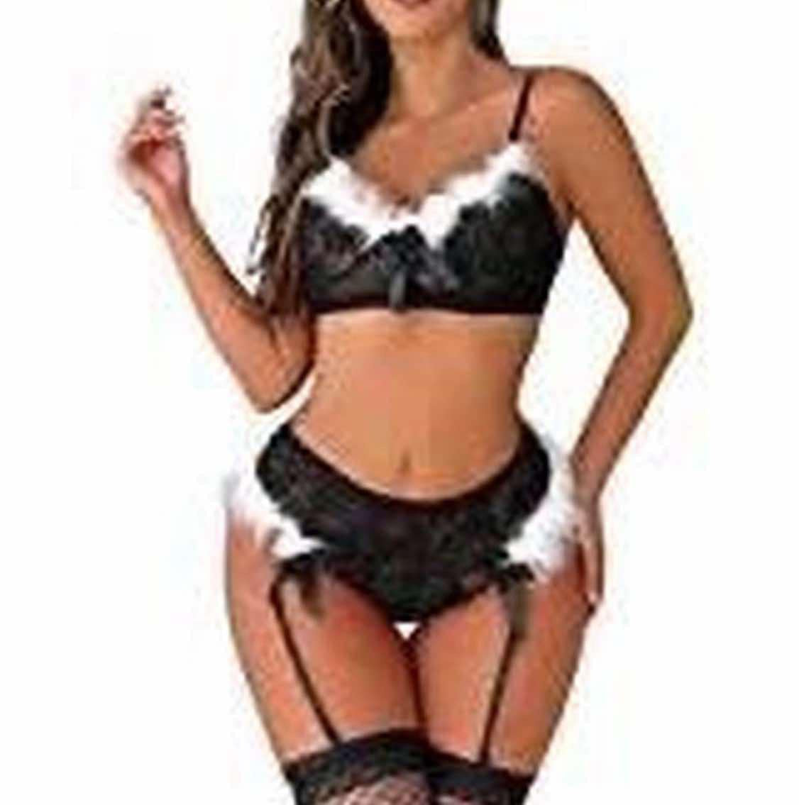 Ladies lace Bralette with feather trim, thong with suspenders and fishnet stockings set
