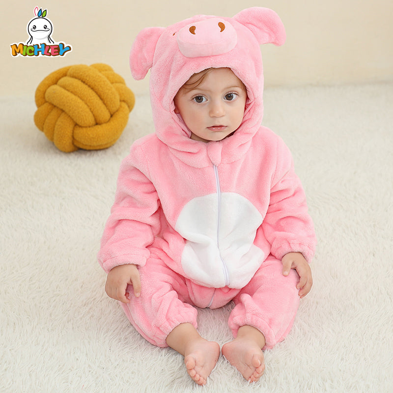 Baby cute pig fluffy zip up all in one