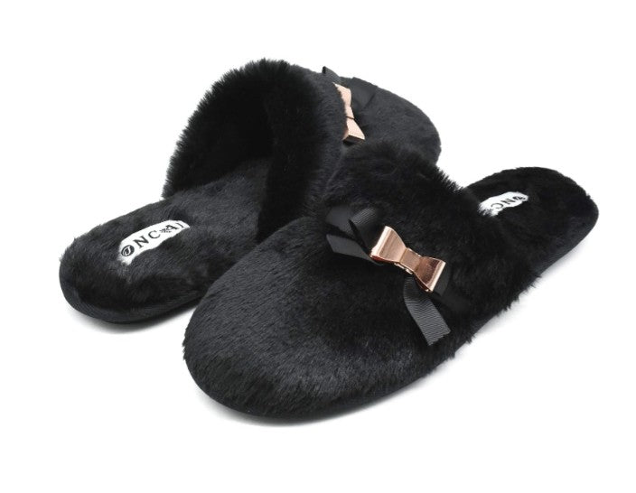 Oncai fluffy slip on slippers with rose gold bow detail