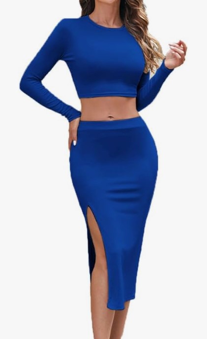 Women's 2 piece long sleeve crew neck ribbed crop top and bodycon slit midi skirt - Blue
