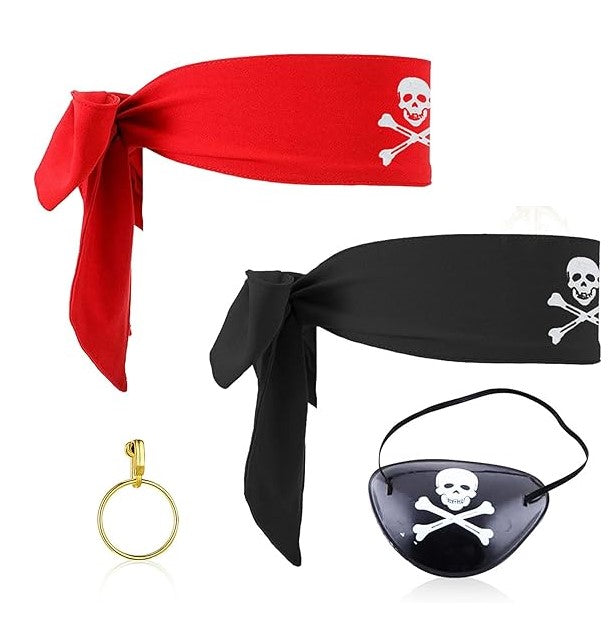 Pirate Costume Accessory Set x4 bandana, 2x eye patch & 2x fake earrings
