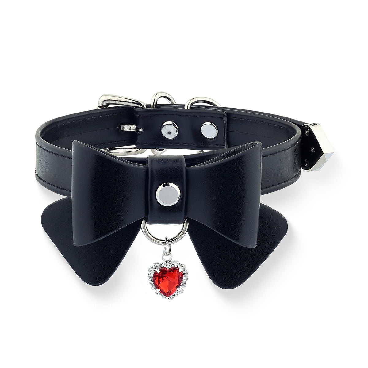 Women Pleather Bow Choker Collar With Heart-shape Rhinestone