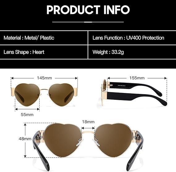 Ladies retro heart shape sunglasses black and gold