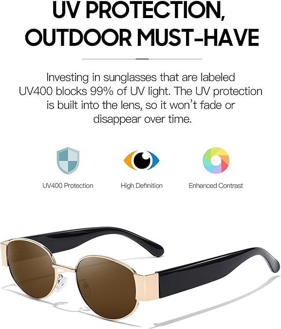 Ladies retro oval 90's style sunglasses black and gold brown tint