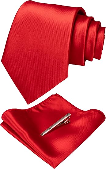 Mens red silk tie, tie clip and pocket square set