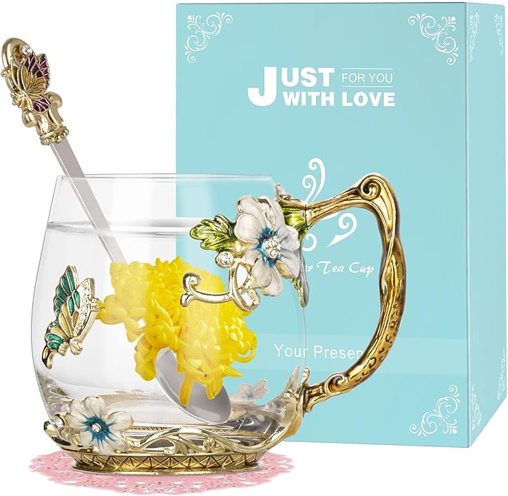 Beautiful glass flower teacup, ornate spoon and coaster set