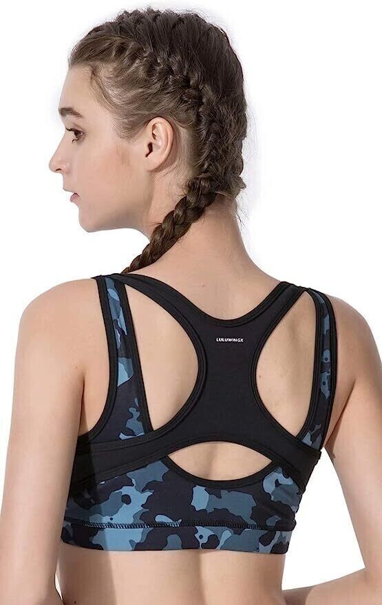 Camo Sports Zip Front Bra Racer Back Yoga Gym Running Padded